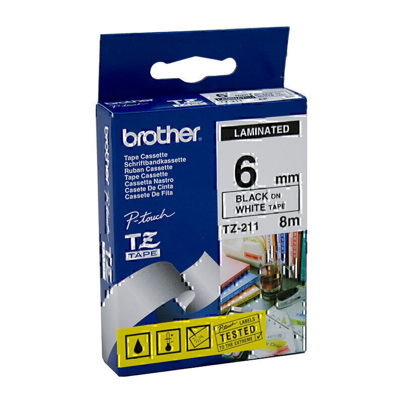 Brother TZe-211 Black on White Labelling Tape6mm x 8m