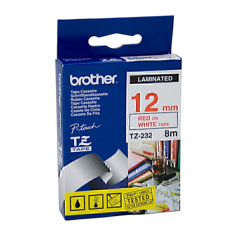 Brother TZe-232 Red on White Labelling Tape 12mm x 8m