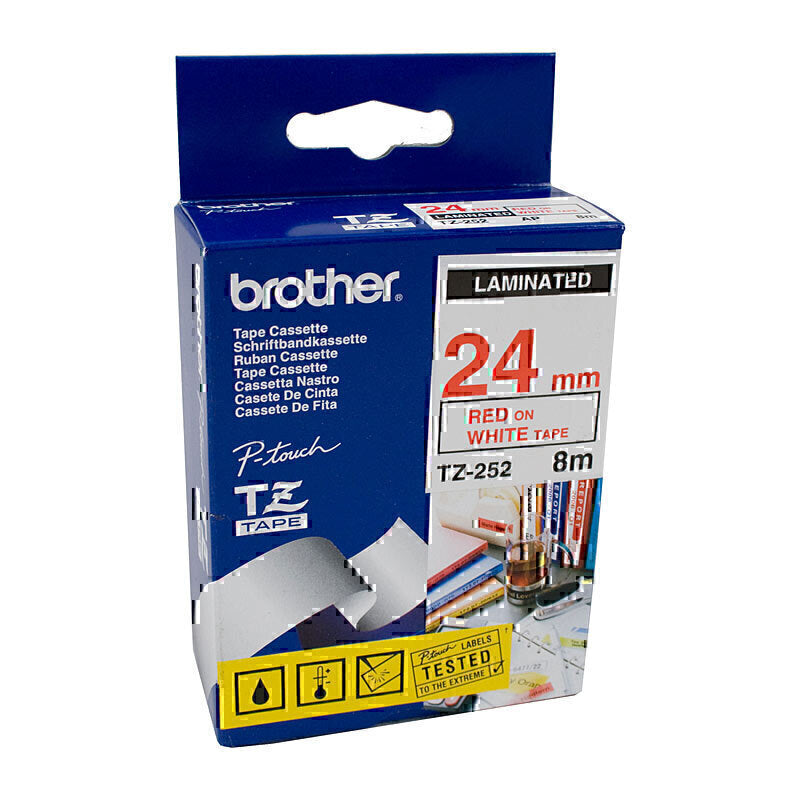 Brother TZe-252 Red on White Labelling Tape 24mm x 8m