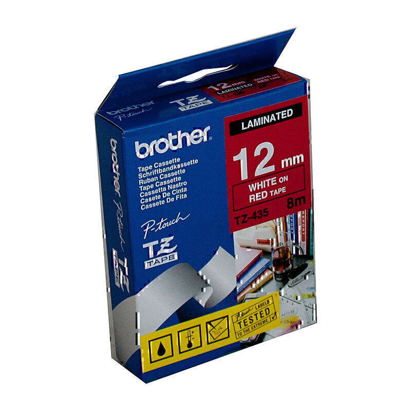 Brother TZe-435 White on Red Labelling Tape 12mm x 8m