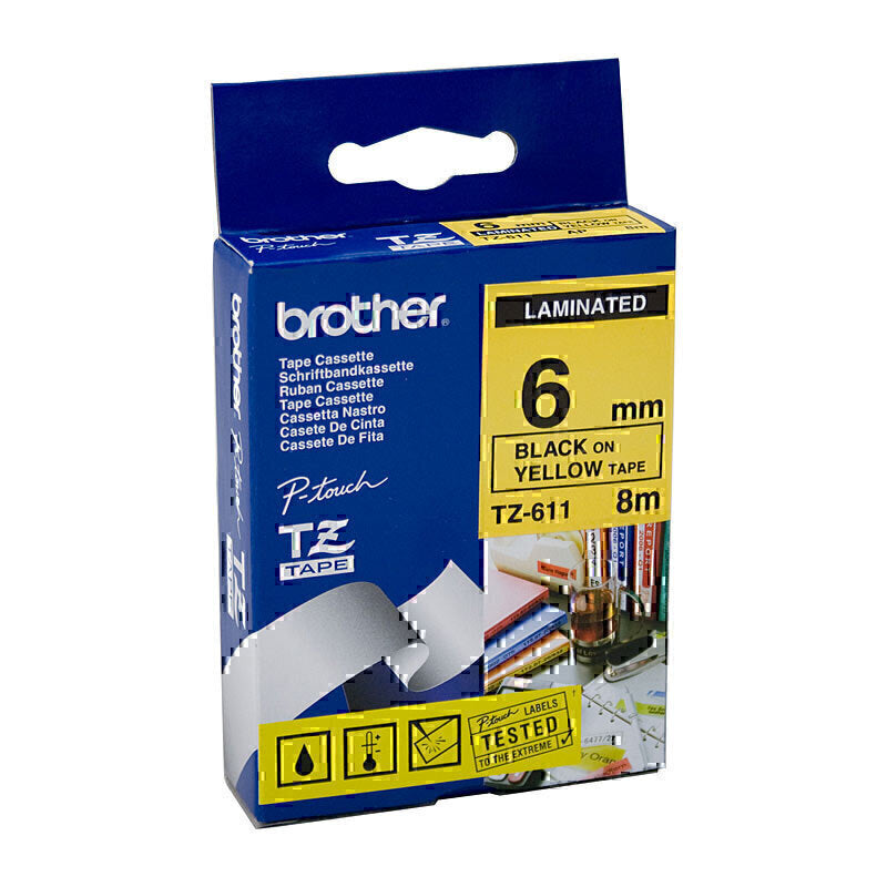 Brother TZe-611 Black on Yellow Labelling Tape 6mm x 8m