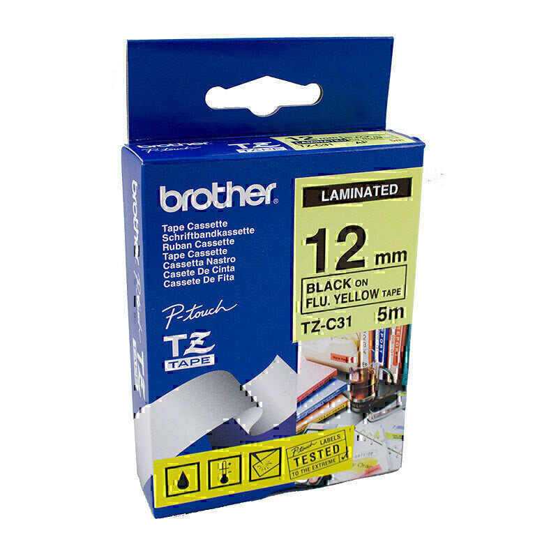 Brother TZe-C31 Black on Fluro Yellow Labelling Tape 12mm x 5m