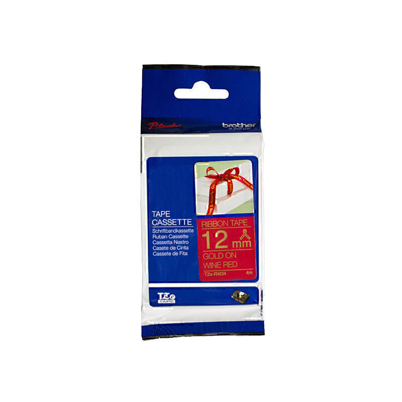 Brother TZe-RW34 Gold on Wine Red Ribbon Labelling Tape 12mm x 4m