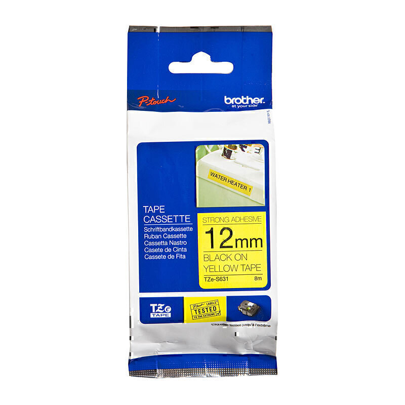 Brother TZe-S631 Black on Yellow Strong Adhesive Labelling Tape 12mm x 8m