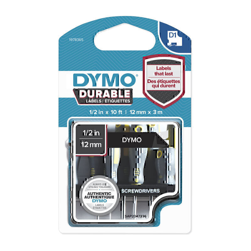 Dymo D1 Durable Label Tape 12mm x 3m White on Black