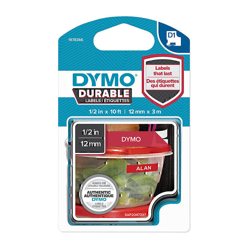 Dymo D1 Durable Label Tape 12mm x 3m White on Red