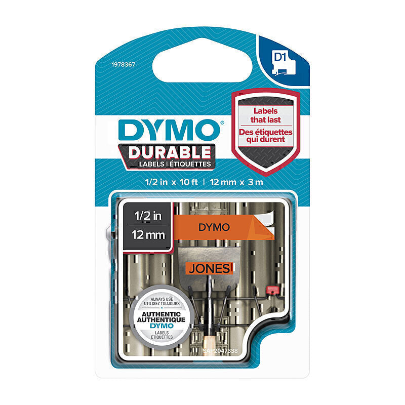 Dymo D1 Durable Label Tape 12mm x 3m  Black on Orange