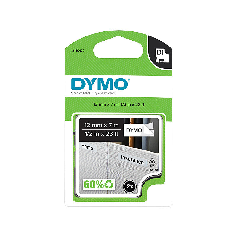 Dymo D1 Label Tape 12mm x 7m Black on White 2 Pack