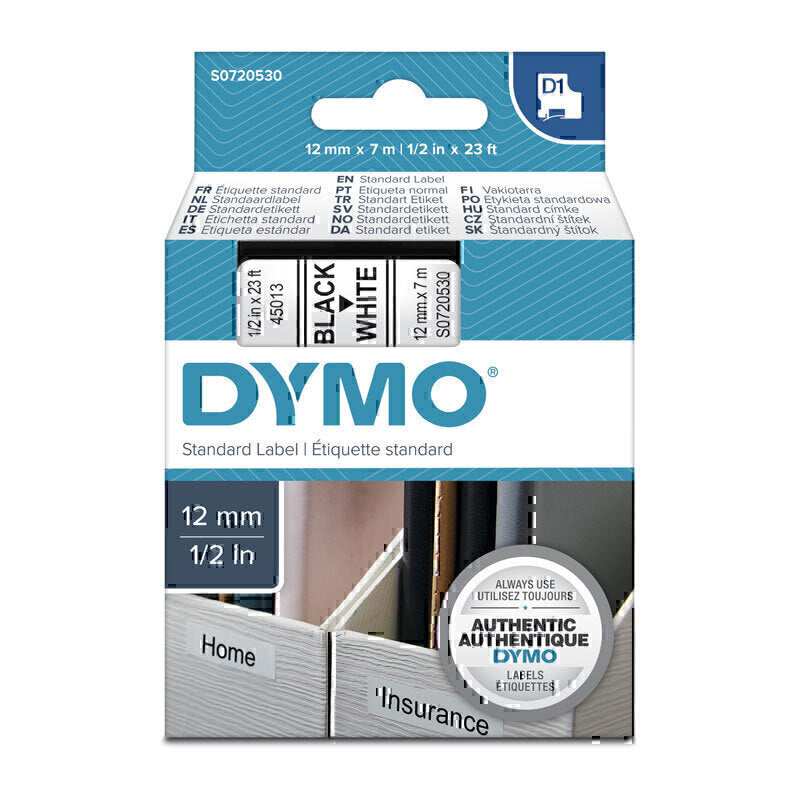 Dymo D1 Label Tape 12mm x 7m Black on White