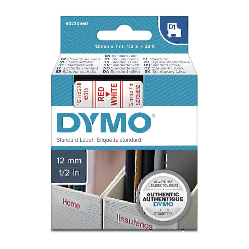 Dymo D1 Label Tape 12mm x 7m Red on White