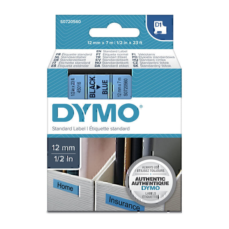 Dymo D1 Label Tape 12mm x 7m Black on Blue