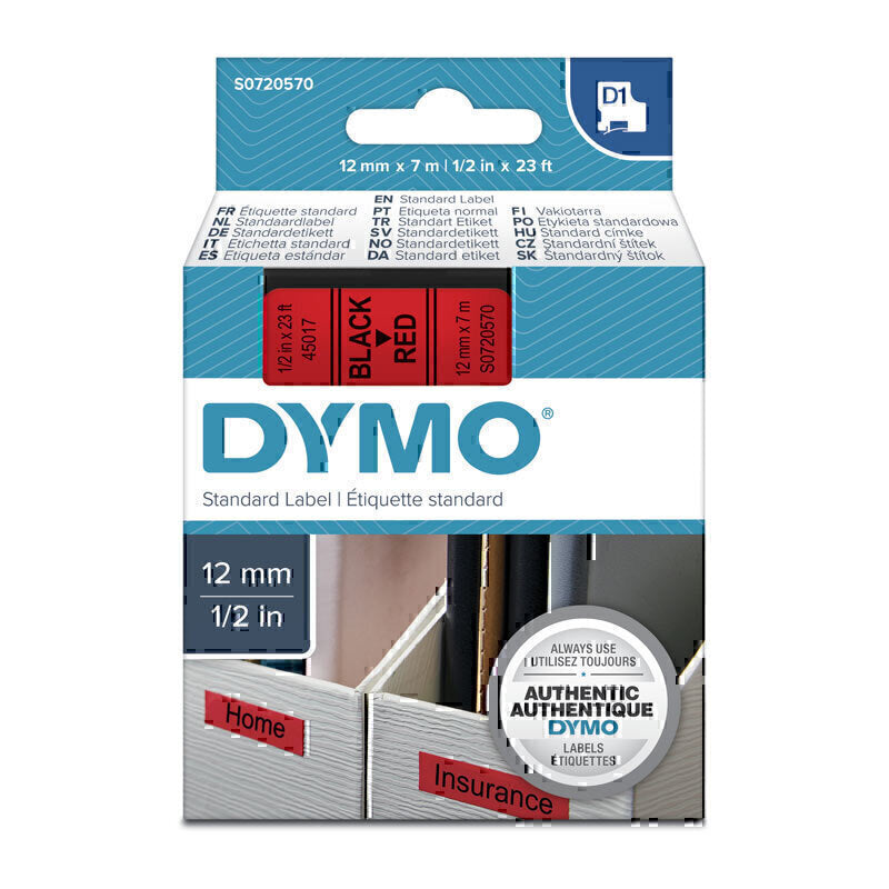 Dymo D1 Label Tape 12mm x 7m Black on Red