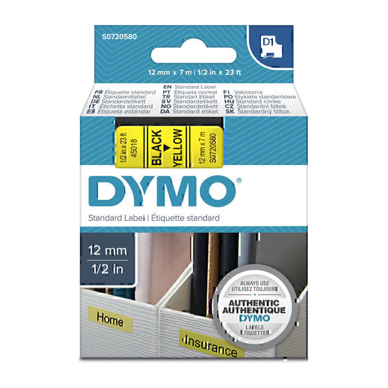 Dymo D1 Label Tape 12mm x 7m Black on Yellow