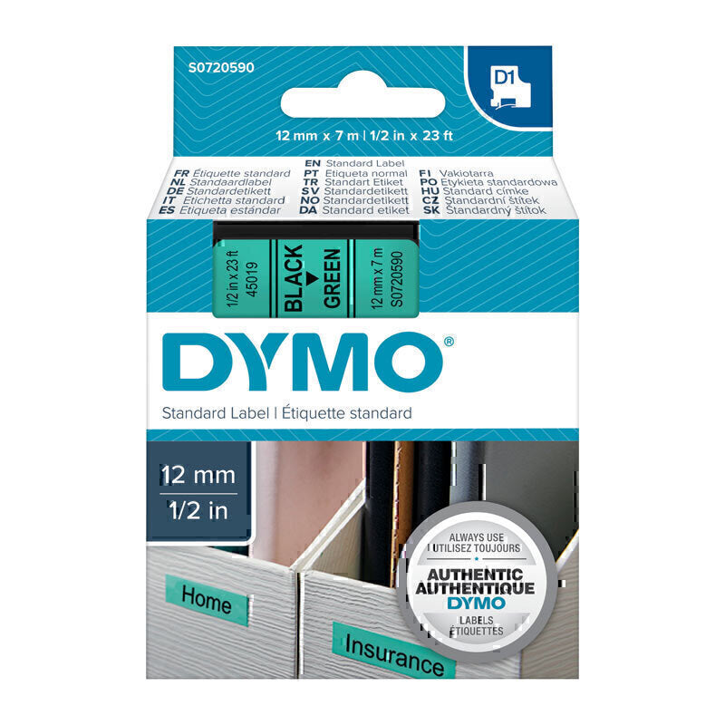 Dymo D1 Label Tape 12mm x 7m Black on Green