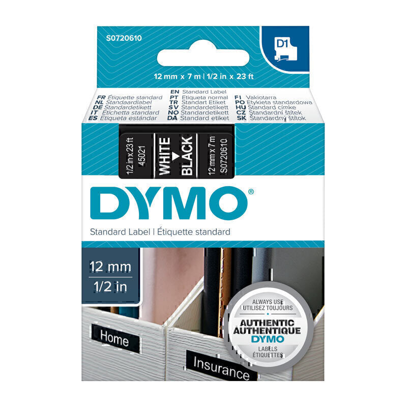 Dymo D1 Label Tape 12mm x 7m White on Black