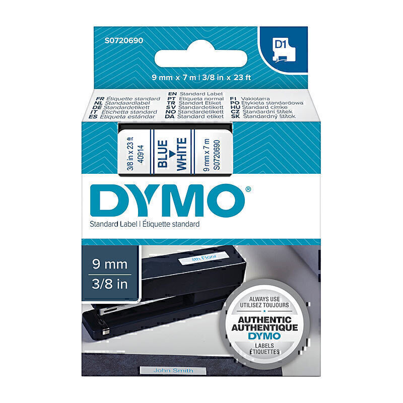 Dymo D1 Label Tape 9mm x 7m Blue on White