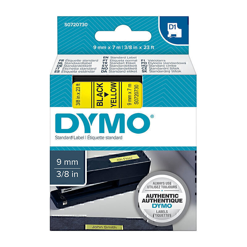 Dymo D1 Label Tape 9mm x 7m Black on Yellow