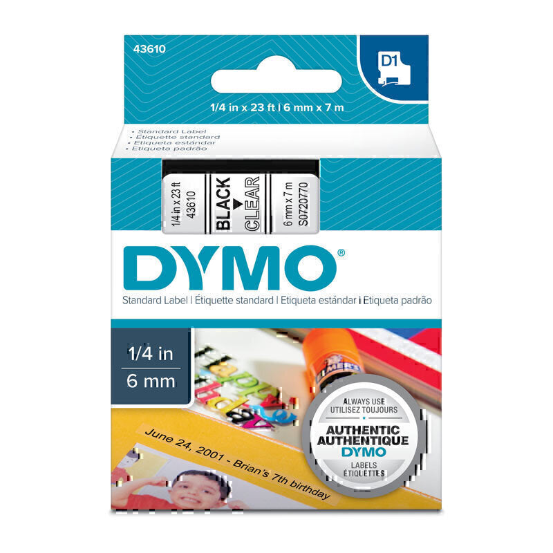 Dymo D1 Label Tape 6mm x 7m Black on Clear