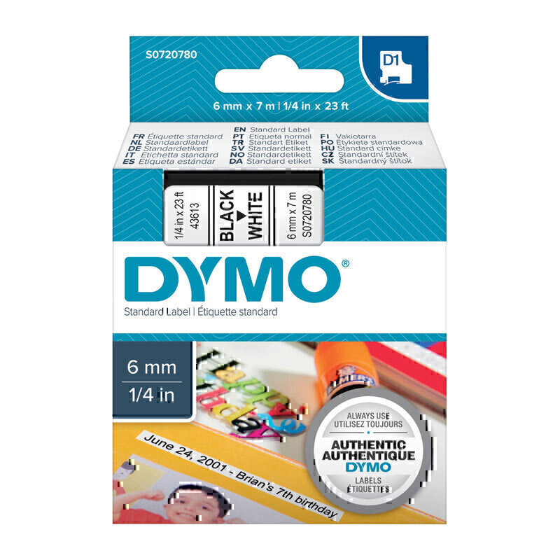 Dymo D1 Label Tape 6mm x 7m Black on White