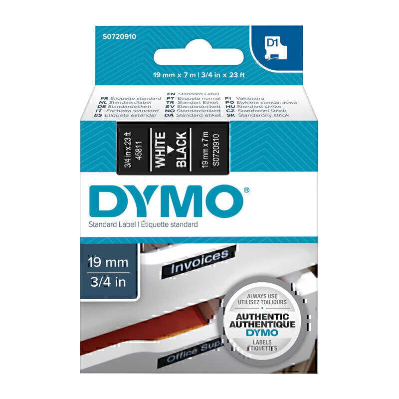 Dymo D1 Label Tape 19mm x 7m White on Black